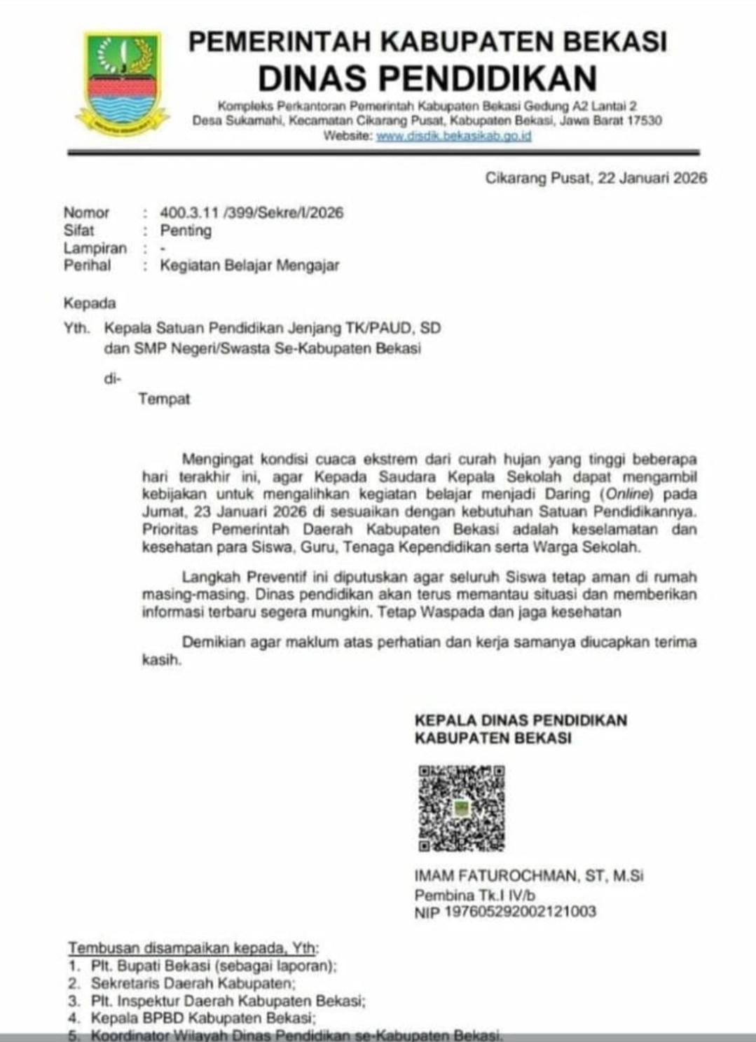 Hadapi Cuaca Ekstrem, Disdik Kabupaten Bekasi Imbau SD dan SMP Terapkan Belajar Daring Hadapi Cuaca Ekstrem, Disdik Kabupaten Bekasi Imbau SD dan SMP Terapkan Belajar Daring