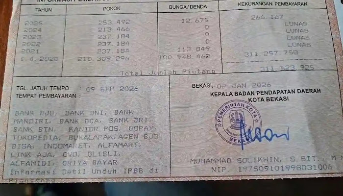 Kepala Bapenda Minta Maaf, Warga Kota Bekasi di Hebohkan Piutang Gaib